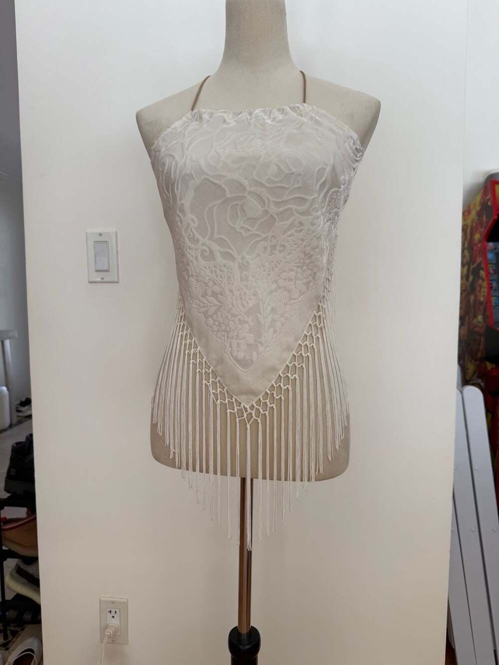 Coachella White Flocked Tassel Backless Halter Top